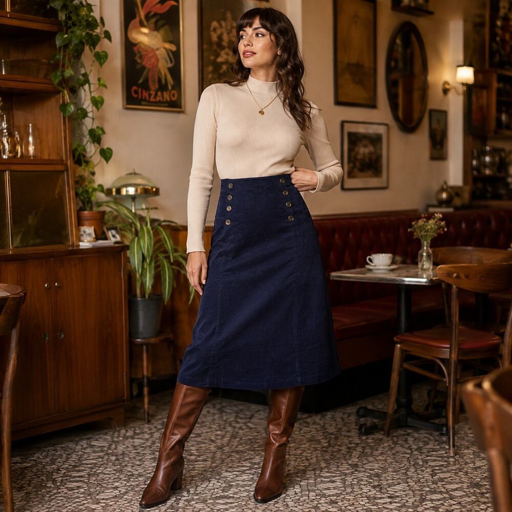 Tulip B Large Navy Corduroy Midi Skirt Faux Button High Waist NWT